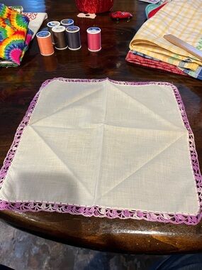 Vintage White Handkerchief with Purple Crochet Edge and green with green edging